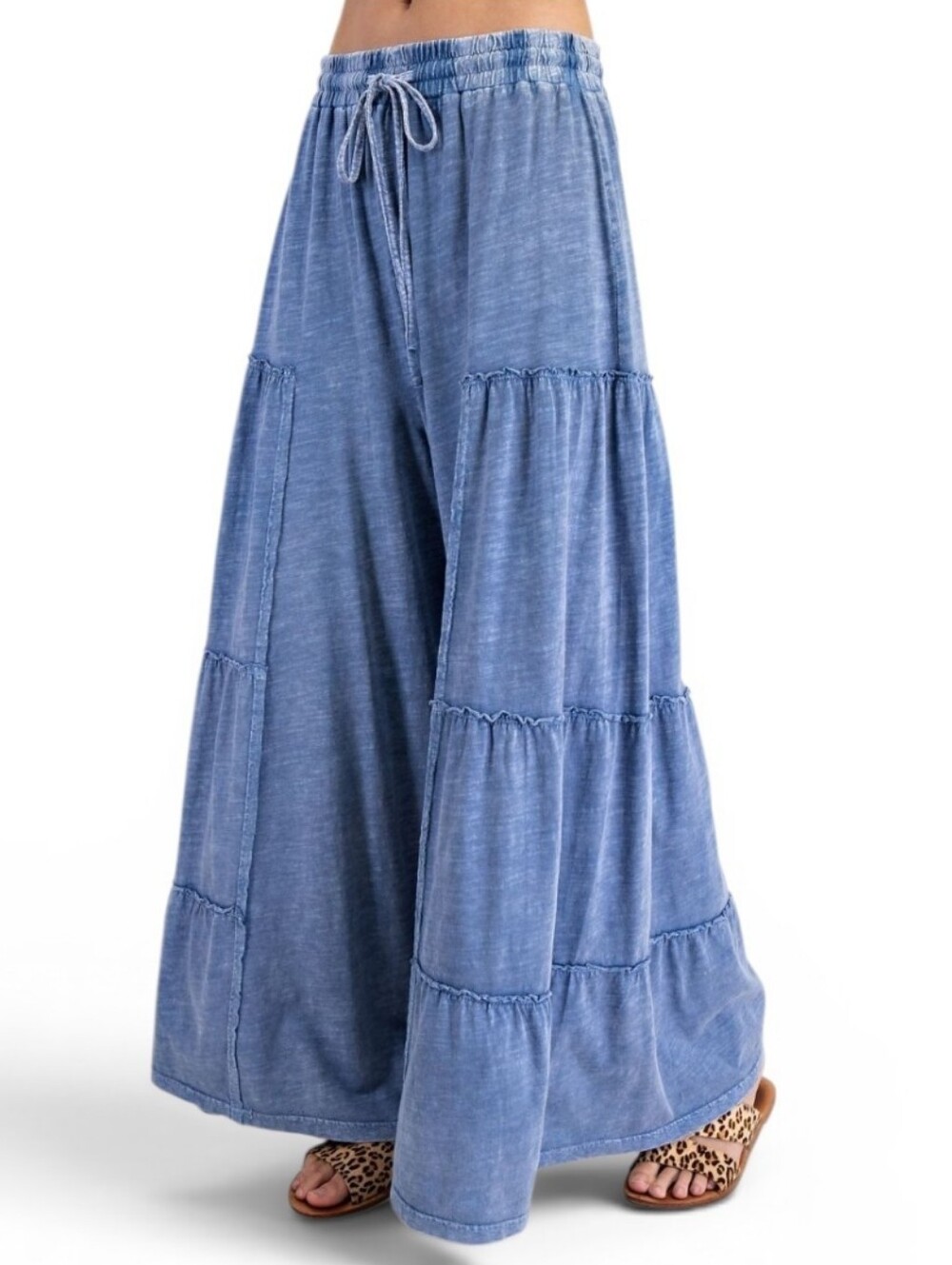 Easel Mineral Washed Tiered Pants Washed Denim Blue New - Picture 7 of 7